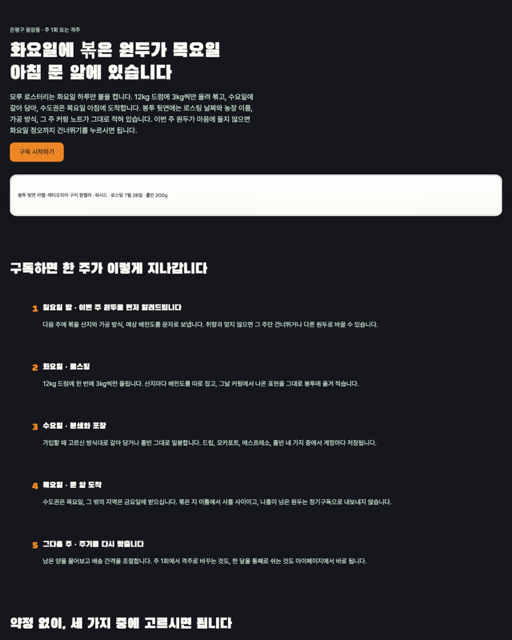 브리프에서 조립된 동네 로스터리 원두 구독 페이지의 상단. 어두운 화면에 로스팅 요일을 말하는 한국어 헤드라인과 주황 버튼이 있고, 그 아래로 요일별 구독 흐름이 번호가 붙은 단계로 이어진다.